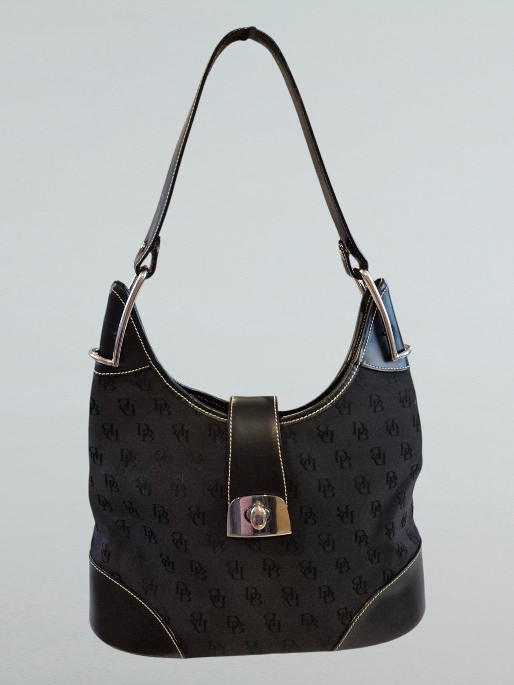 Vintage Dooney & Bourke Black Canvas And Leather Hobo with Silver Hardware